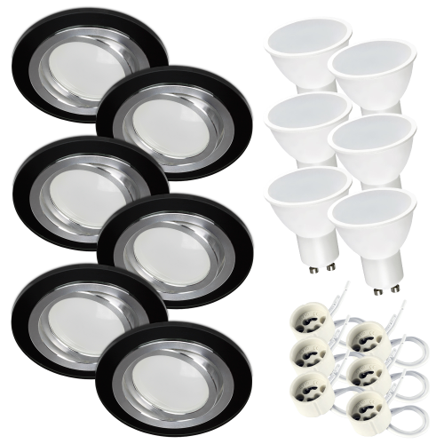 Komplet 6x Szklana oprawa halogenowa okrągła czarna RIK-10 + GU10 7W